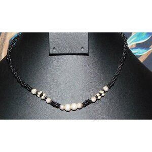 Simple Black And Silver Tone Beaded Necklace